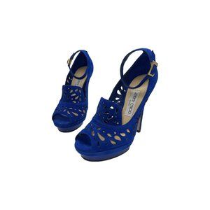 JIMMY CHOO Kalan Perforated Blue Suede Platform Pumps - Sz. 36.5